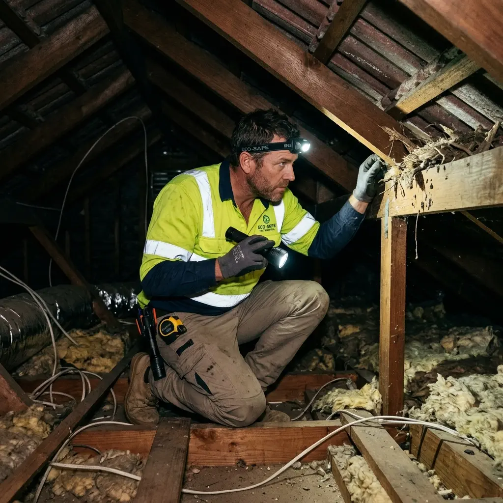 Technician inspecting a roof cavity for a dead animal in Warrenheip