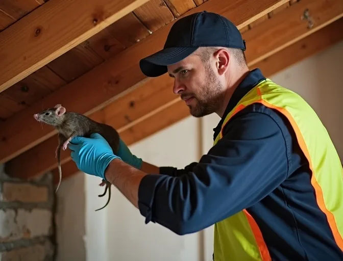 Technician inspecting a roof cavity for a dead rat in Warrenheip